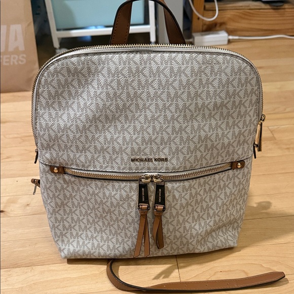 Michael Kors Handbags - Michael Kors Rhea Medium Logo Backpack - Vanilla & Acorn|Like New